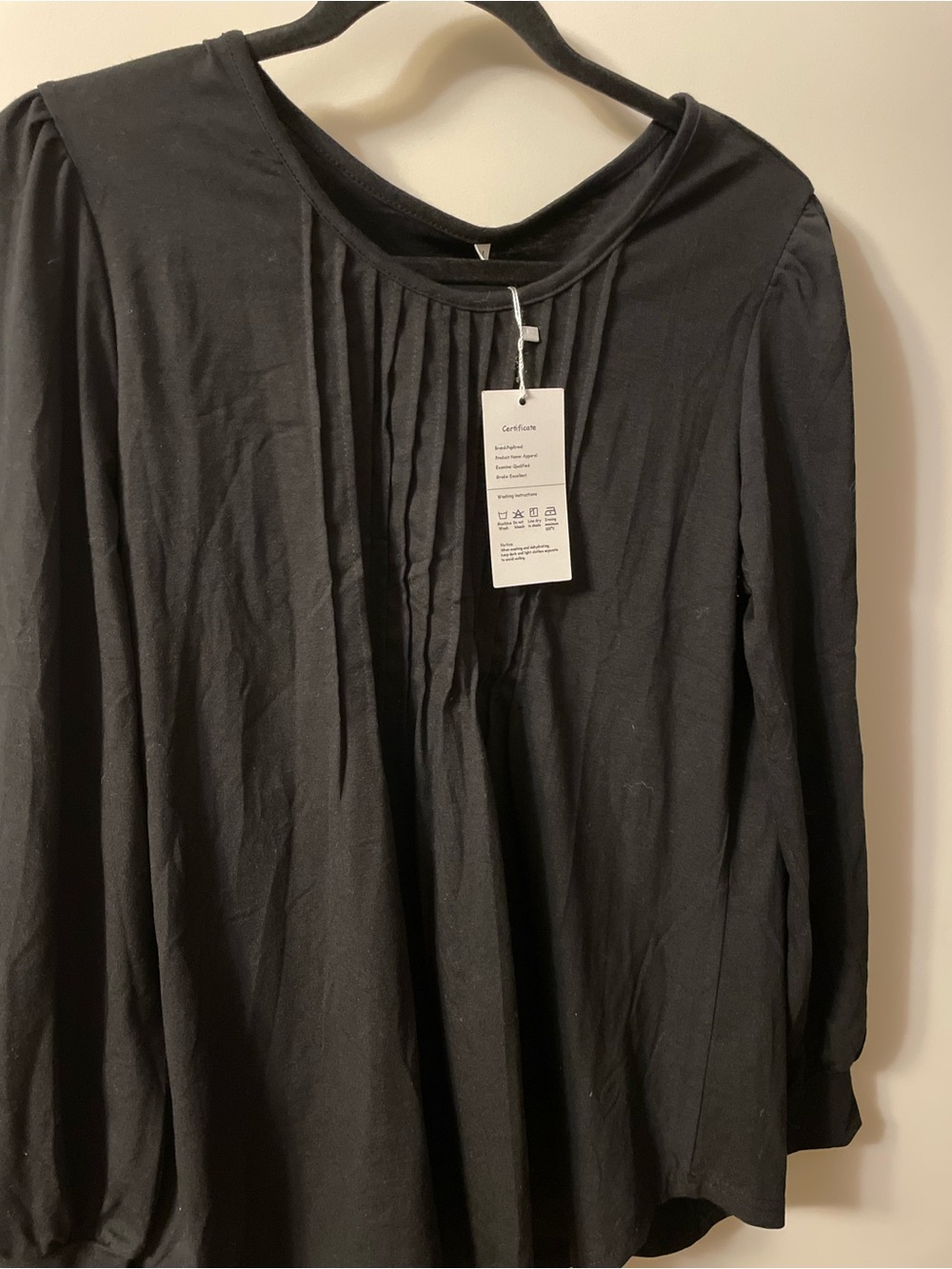 Women's Black Long-Sleeve Pleated Front Top